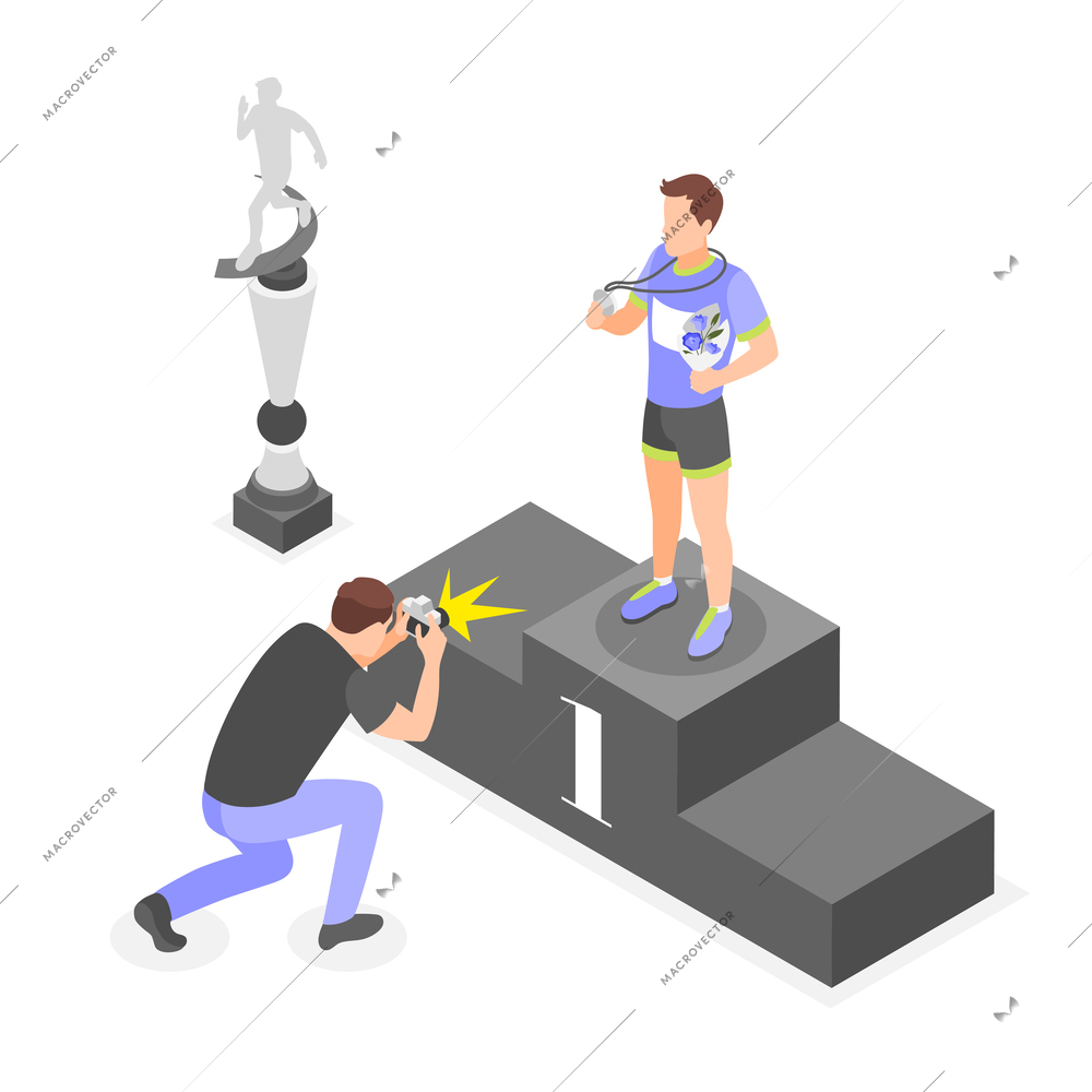 Marathon winner posing for photographer on pedestal isometric composition 3d vector illustration