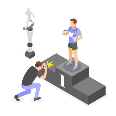 Marathon winner posing for photographer on pedestal isometric composition 3d vector illustration