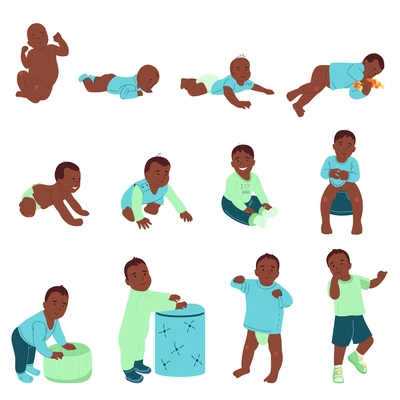 Baby development stages flat icons set of happy little black cartoon kids in different poses isolated vector illustration
