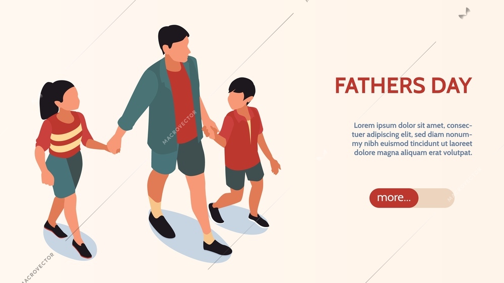 Isometric father day horizontal banner with character of walking dad holding hands with son and daughter vector illustration