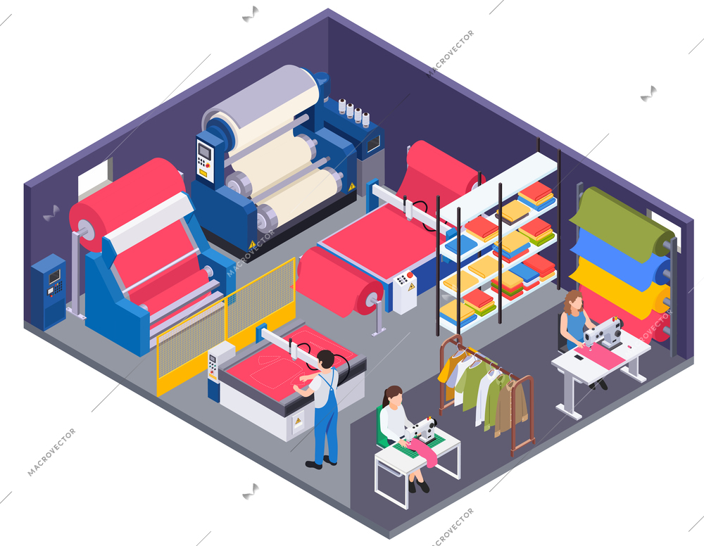 Textile industry isometric composition with isolated view of factory unit with colorful fabric rolls and tailors vector illustration