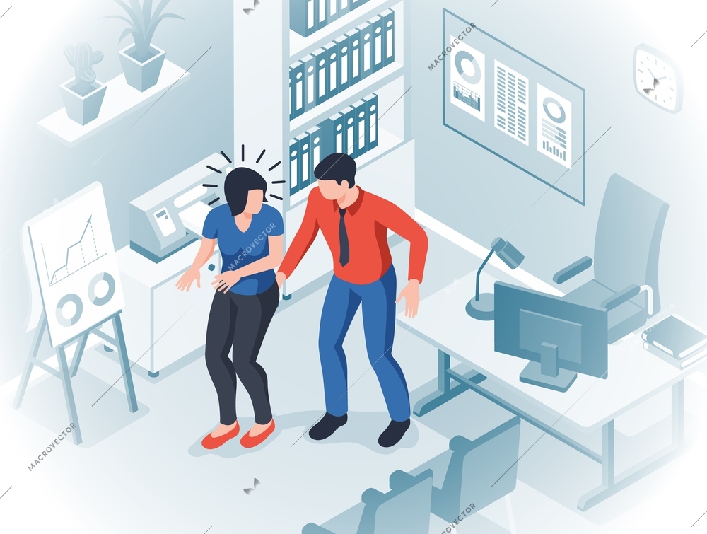 Sexual harassment at work isometric concept with man touching his colleague vector illustration