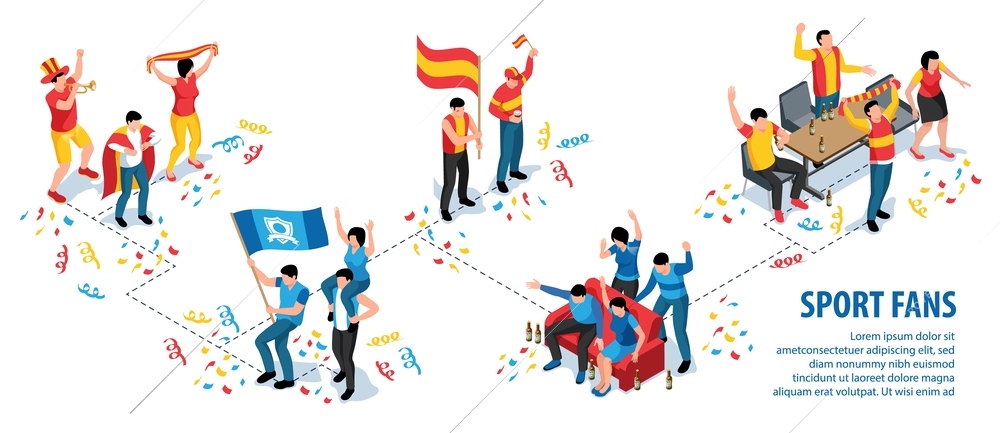 Isometric infographic template with groups of sport fans cheering for their favourite teams 3d vector illustration