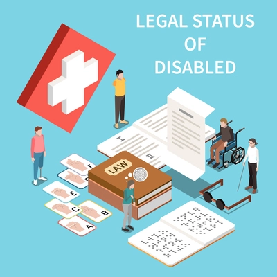 Accessibility isometric concept with handicapped people legal status symbols vector illustration