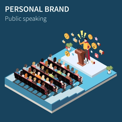 Personal branding isometric concept with businessman during public speaking vector illustration