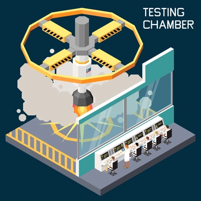 Rocket building isometric concept with spacecraft testing chamber vector illustration