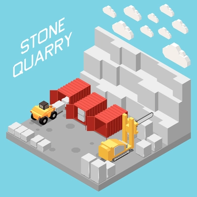 Stone quarry isometric concept with marble and granite factory vector illustration