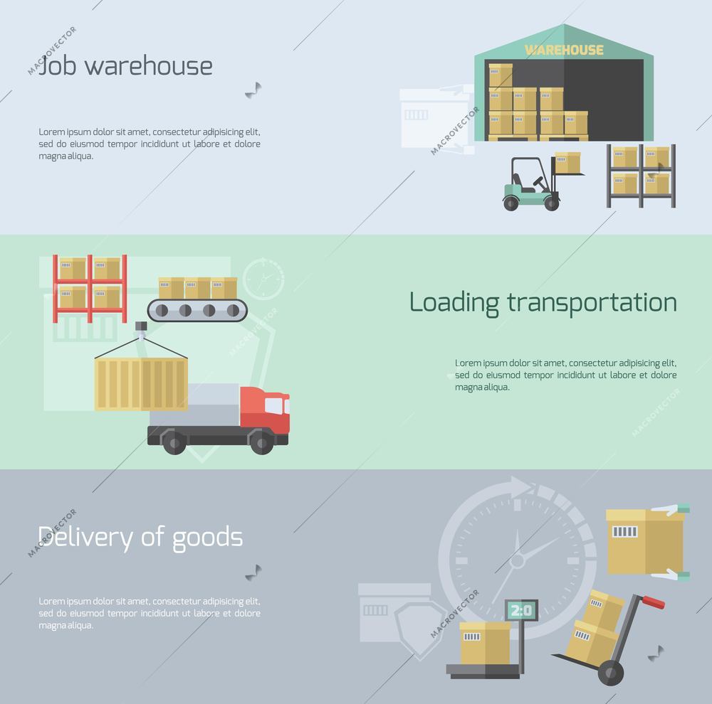 Warehouse horizontal banner set with transportation delivery and logistic elements flat isolated vector illustration