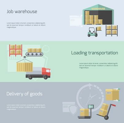 Warehouse horizontal banner set with transportation delivery and logistic elements flat isolated vector illustration