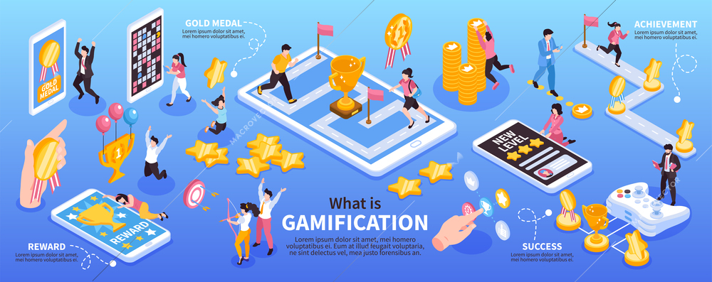 Isometric gamification infographics with icons of gadgets golden coins stars trophies and human characters with text vector illustration