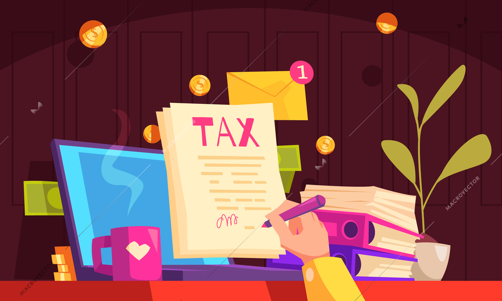 Tax service cartoon composition with hand signing payment paper vector illustration