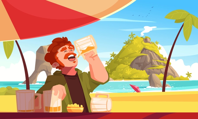 Beer cartoon poster with man drinking on sea shore vector illustration