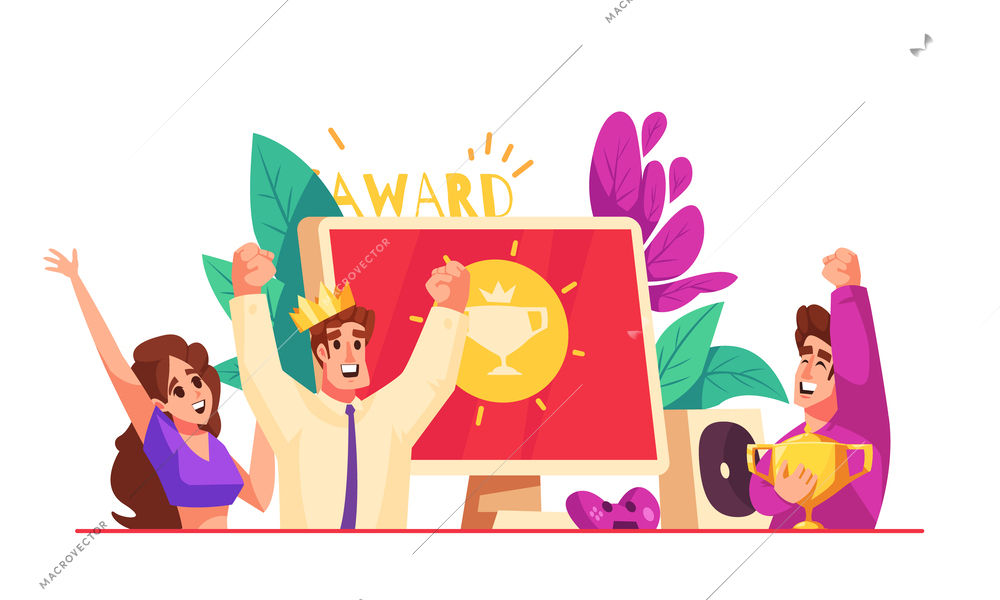 Gamification cartoon concept with happy people achieving business award vector illustration