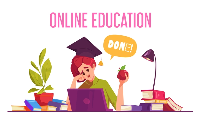 Online education cartoon concept with girl wearing graduation hat in front of laptop vector illustration