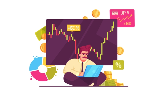 Stock market cartoon composition with business man and trading graph on background vector illustration