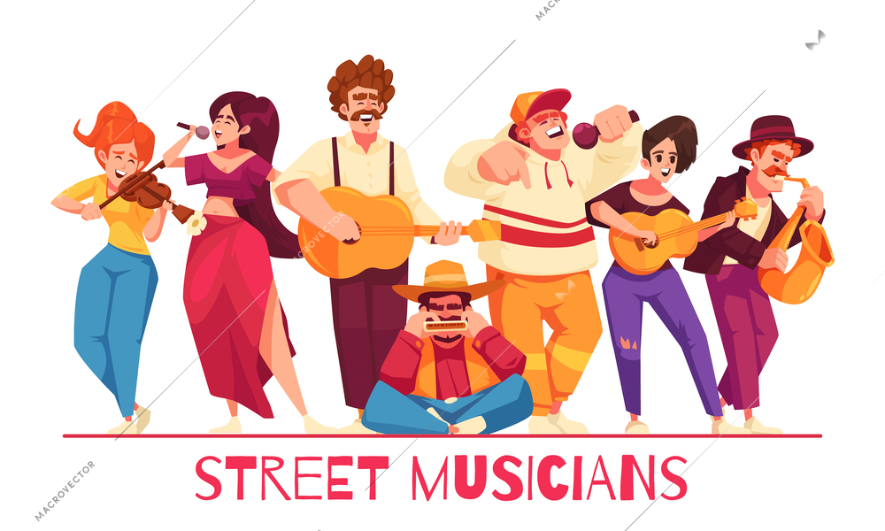 Street musicians cartoon concept with people singing and playing musical instruments vector illustration
