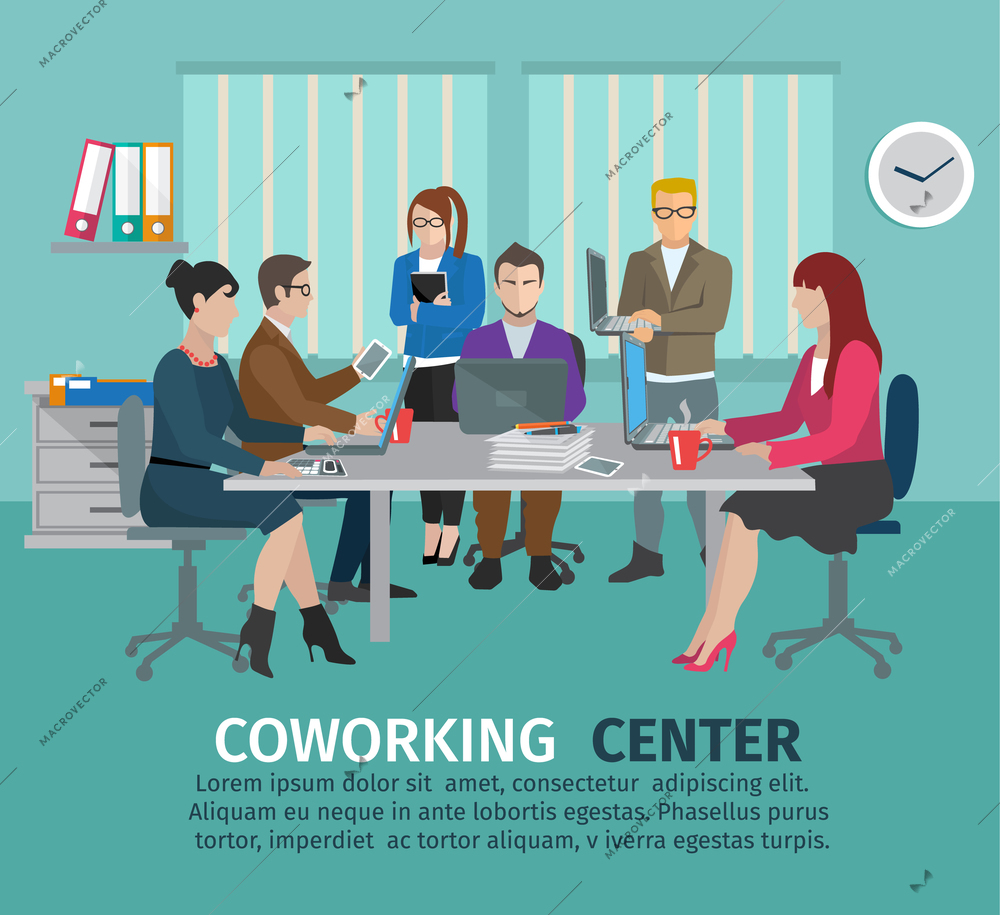 Coworking center concept with business people freelancers on the table vector illustration