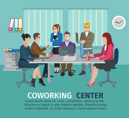 Coworking center concept with business people freelancers on the table vector illustration