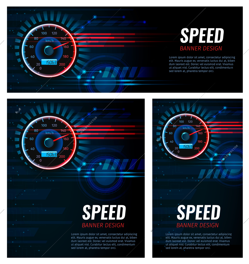 Realistic auto digital speedometer dashboard banner set isolated vector illustration