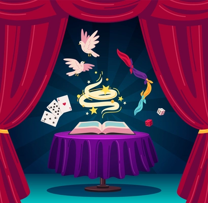 Magician show cartoon composition with magic book and trick accessories vector illustration