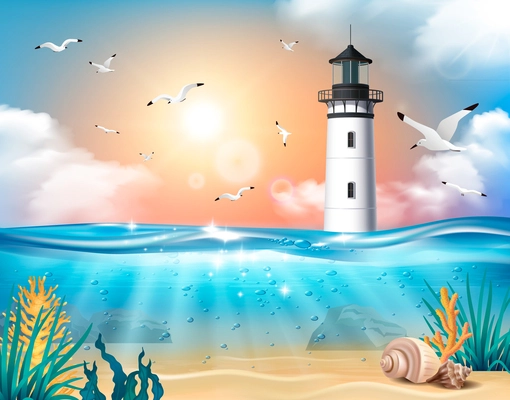 Lighthouse realistic poster wtih seagulls and underwater life vector illustration