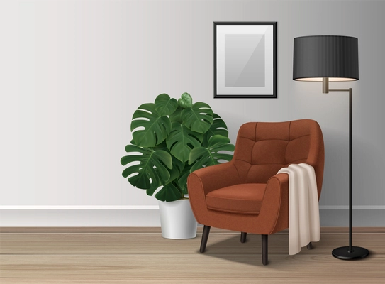 Realistic living room interior with armchair lamp and monster plant vector illustration