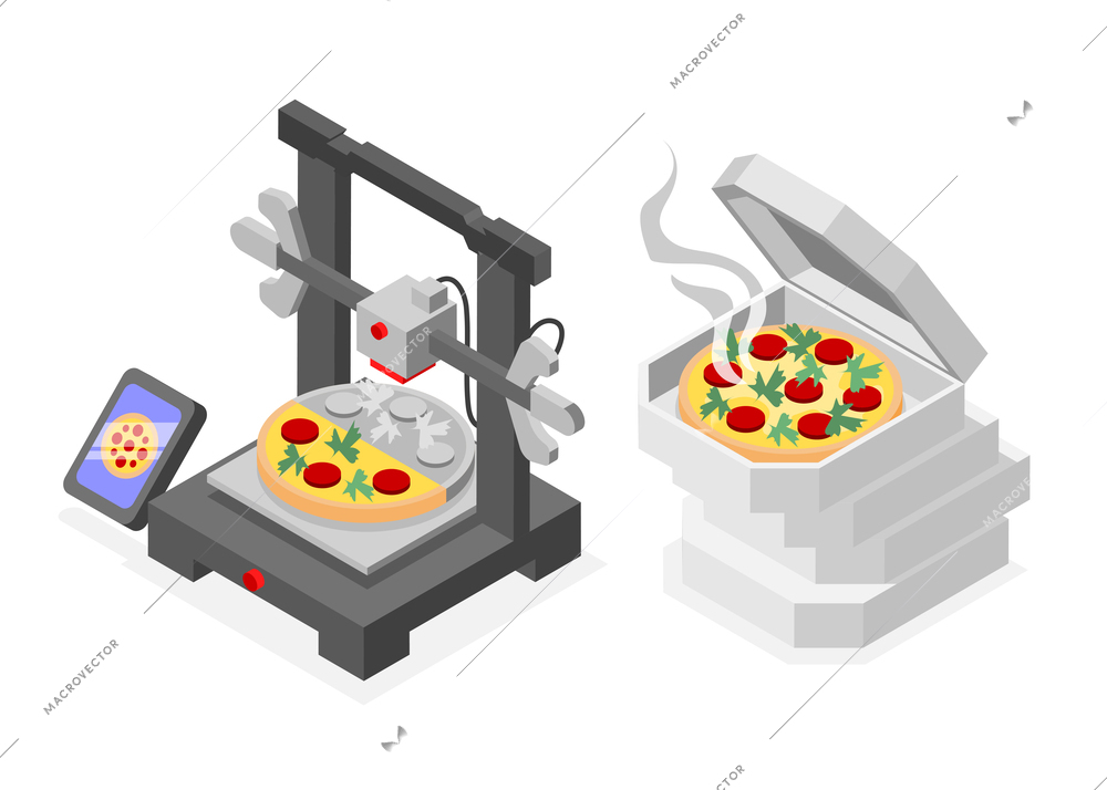 Futuristic food isometric design concept with three dimensional printer printing pizza with synthetic meat vector illustration