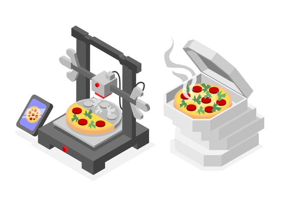 Futuristic food isometric design concept with three dimensional printer printing pizza with synthetic meat vector illustration