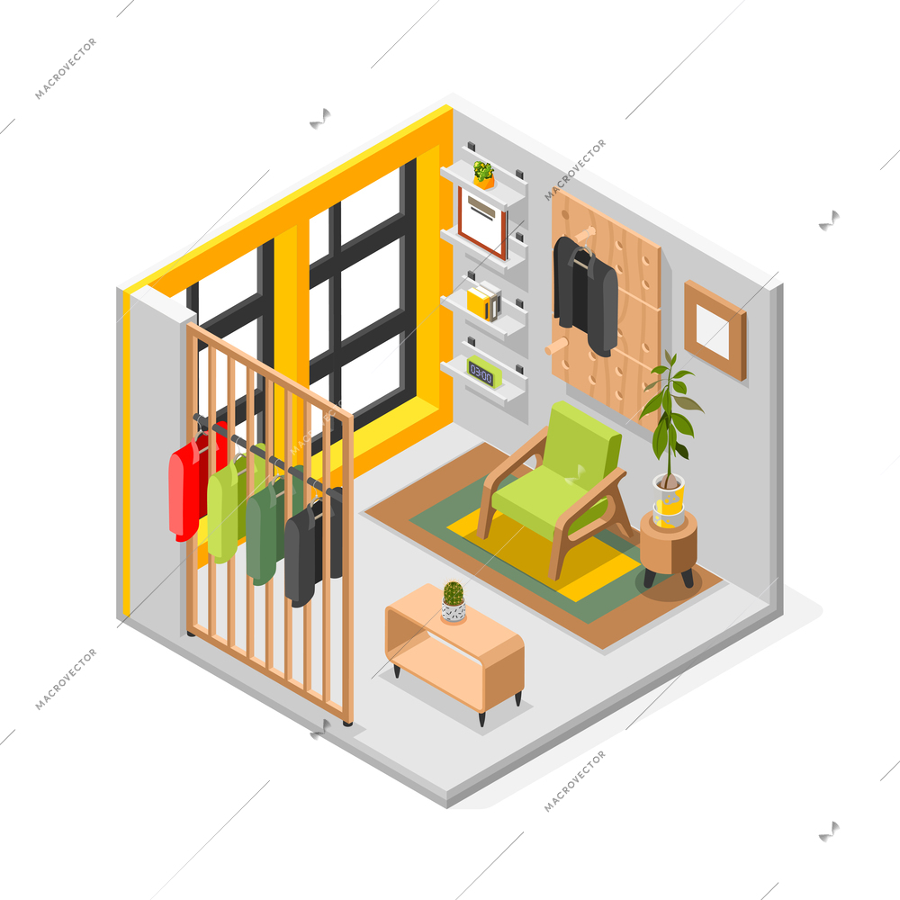 Store room isometric composition with isolated view of boutique interior with armchair and stands with clothes vector illustration