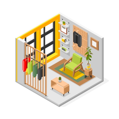 Store room isometric composition with isolated view of boutique interior with armchair and stands with clothes vector illustration
