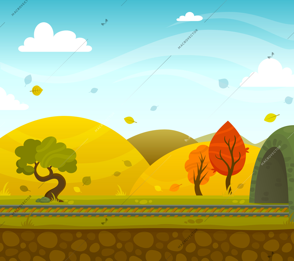 Autumn railway 2d game landscape with roadway and hills on background flat vector illustration