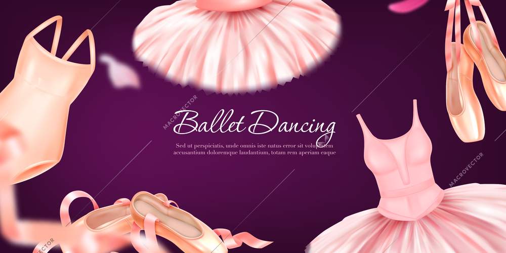 Ballet dancing horizontal realistic frame with elegant ballerina accessories and blurred elements on color background vector illustration