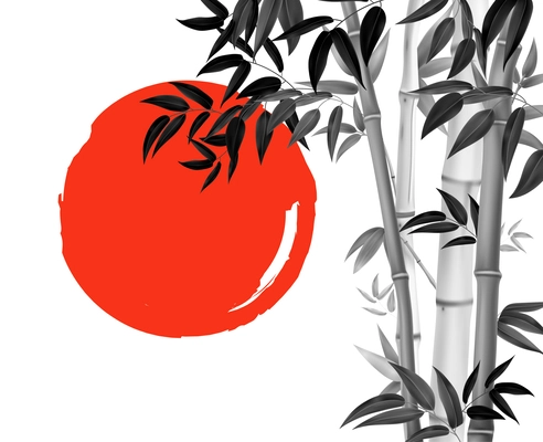 Black and white bamboo on background with red sun in oriental style realistic vector illustration