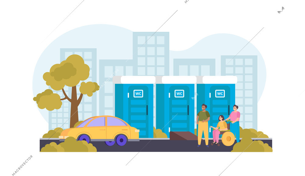 Public restroom flat composition with people in front of outdoors plastic toilets vector illustration