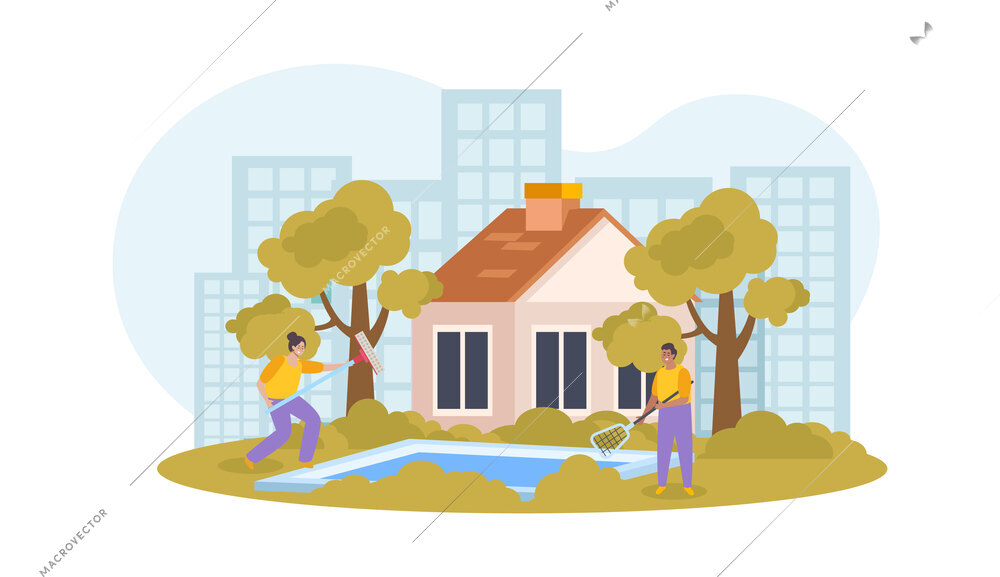 Cleaning service flat composition with people cleaning backyard swimming pool vector illustration