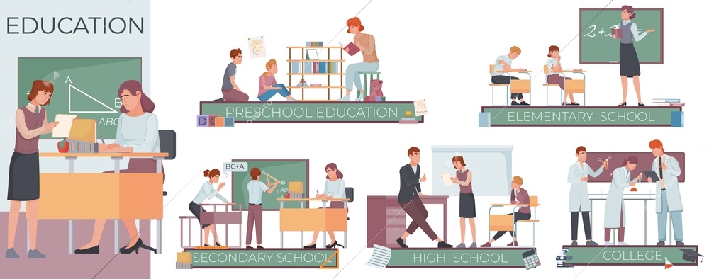 Education department flat composition with pupil and math teacher in classroom and set of isolated icons vector illustration