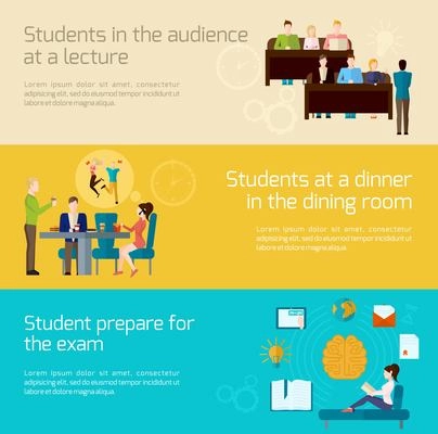 Students horizontal banner set with lecture audience dining and exam elements isolated vector illustration
