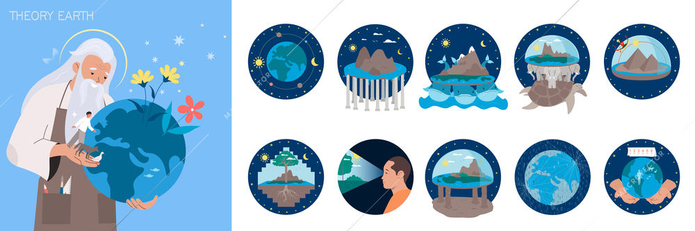 Earth theory flat composition set with god holding planet and other ancient representations of world isolated vector illustration