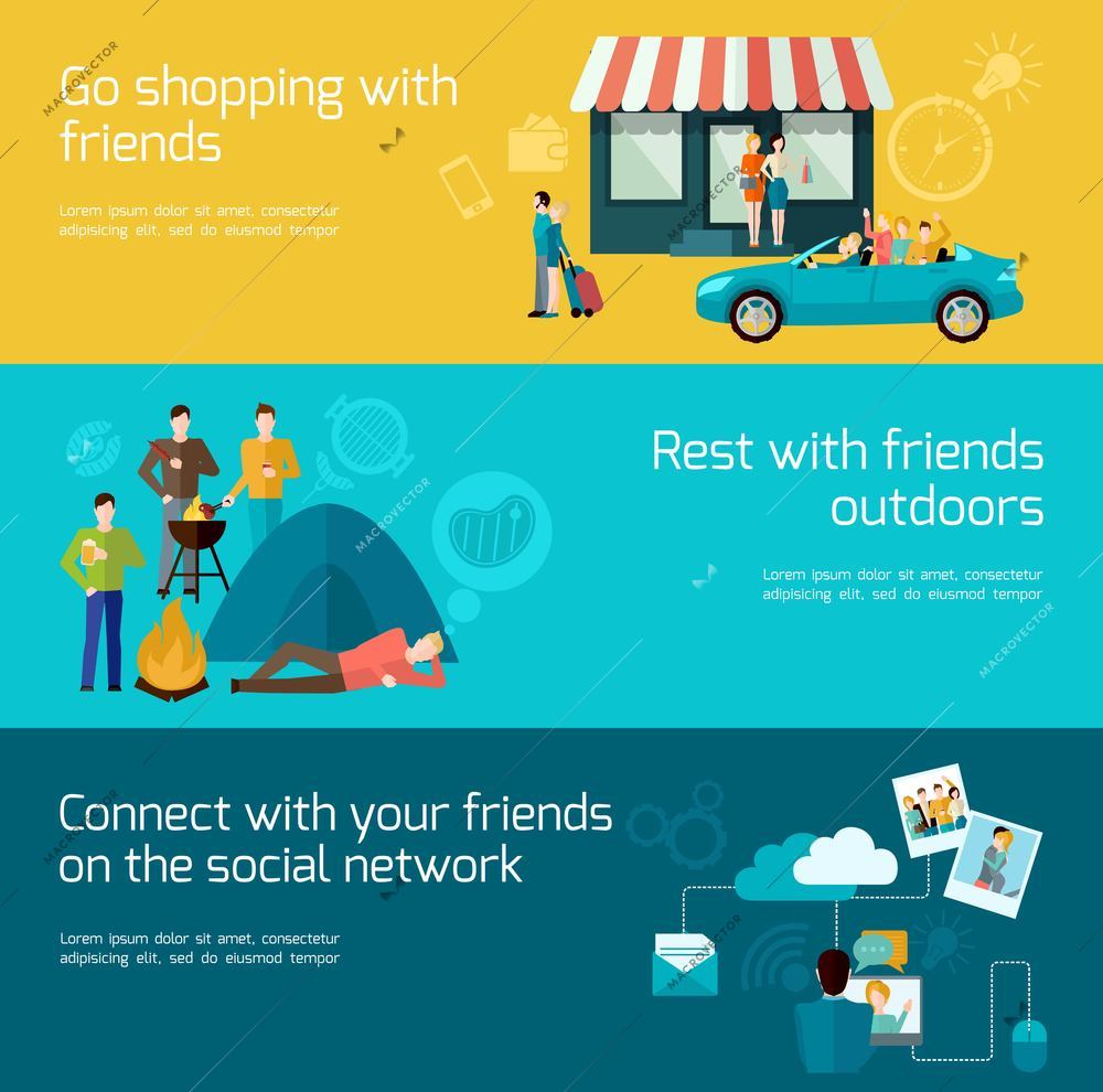 Friends relationships horizontal banner set with shopping outdoor rest and social network elements isolated vector illustration