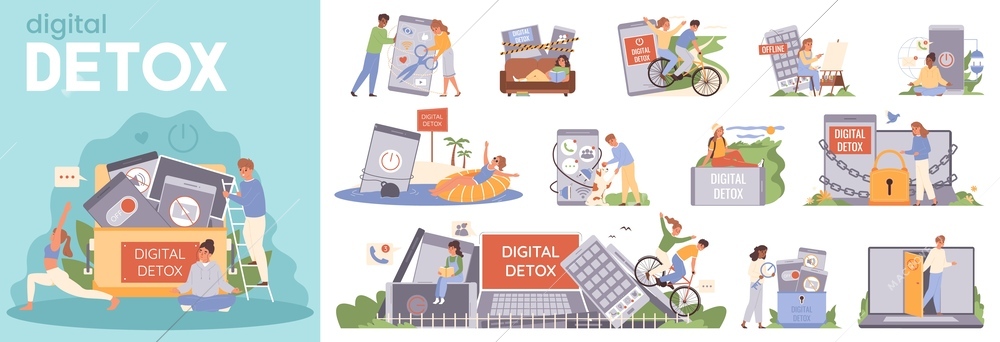 Digital detox flat composition with human characters relaxing and resting outdoors without gadgets vector illustration