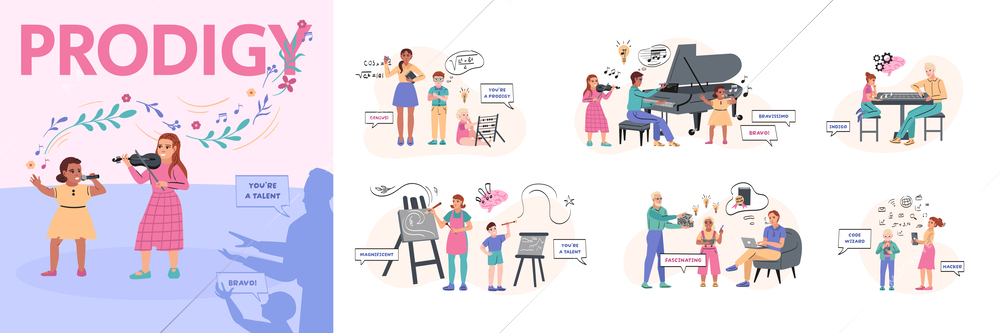 Genius prodigy set with flat compositions of human characters using their talents with text thought bubbles vector illustration