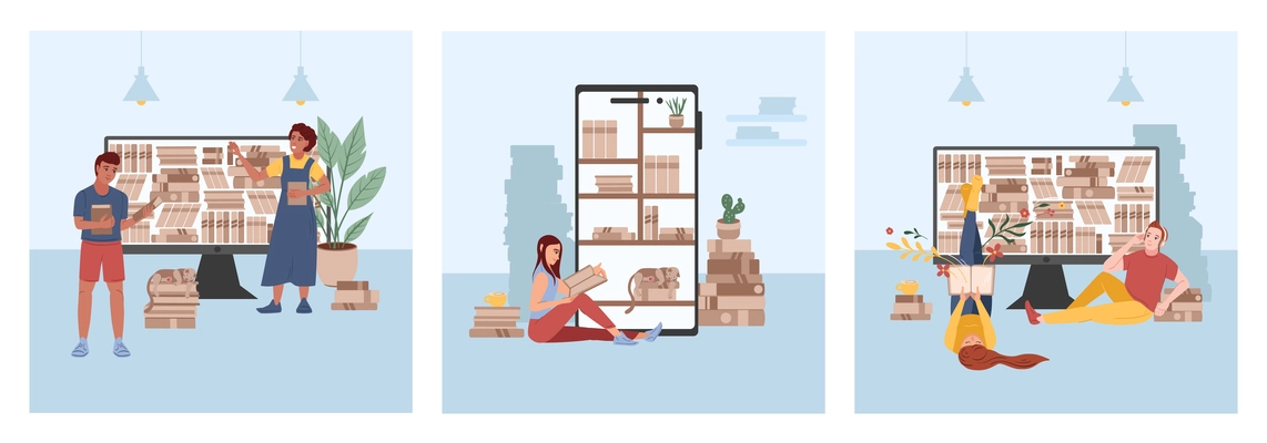 Online library set of square compositions with flat icons of gadgets with bookshelves and human characters vector illustration