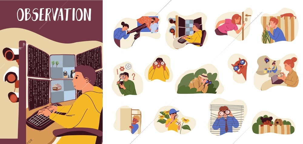 Observation flat composition set of people and animals observing and peeping in various situations isolated vector illustration