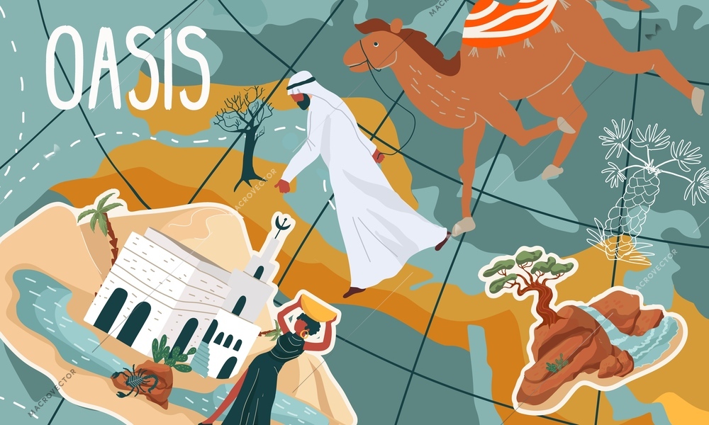 Oasis flat collage with desert nature elements people and camel vector illustration