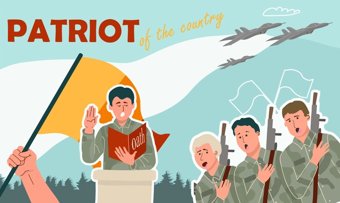 Patriot of country flat collage with soldiers taking oath on color background with flying military aircraft vector illustration