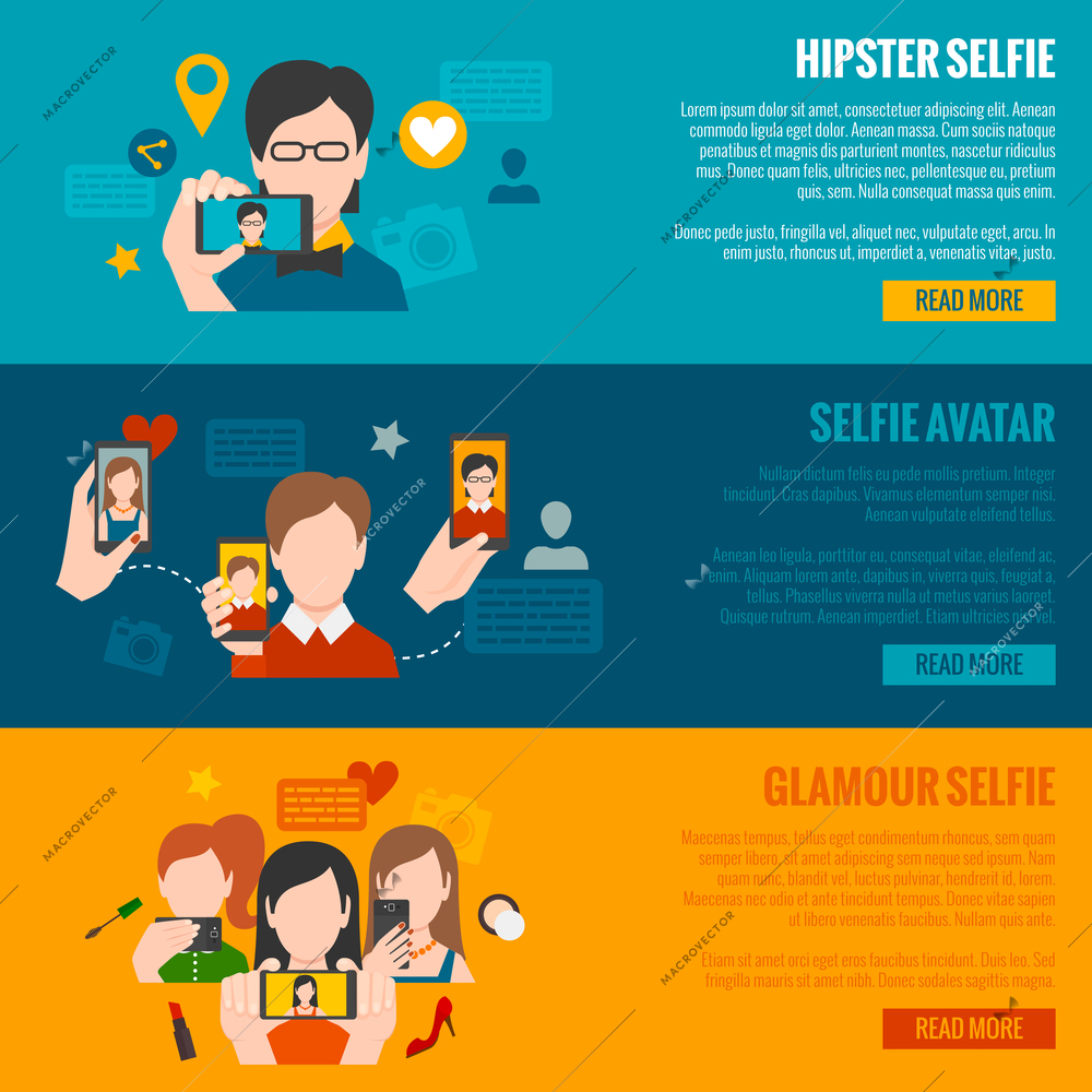 Selfie horizontal banner set with hipster glamour avatars elements isolated vector illustration