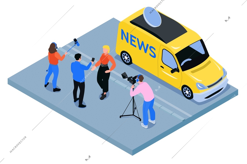 Isometric journalist composition with isolated view of camera picture crew taking interview with star and van vector illustration