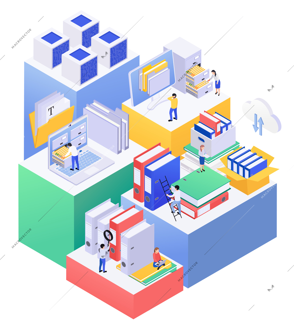 Archive documents processing isometric composition with podiums and paper folders with server icons and human characters vector illustration