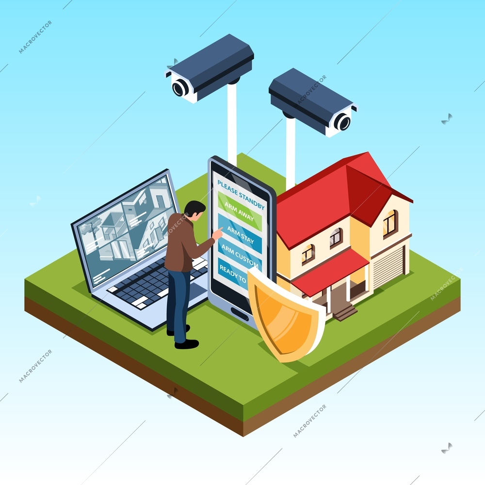 Isometric home security composition with laptop and smartphone shield icon house cctv cameras and male character vector illustration