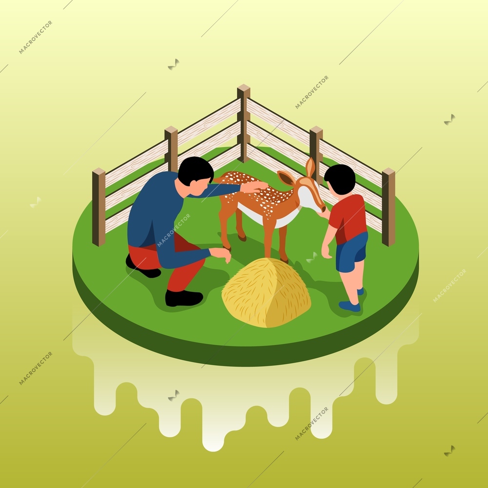 Isometric mini zoo children composition with isolated view of adult man and kid stroking roe deer vector illustration